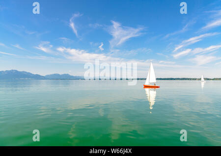 View on lake Chiemsee by Seebruck with boats, sailboats. Bavaria, Bayern, Germany Stock Photo