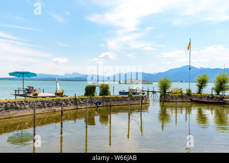 View on lake Chiemsee from Fraueninsel, Frauenchiemsee with a ship. Bavaria, Bayern, Germany Stock Photo