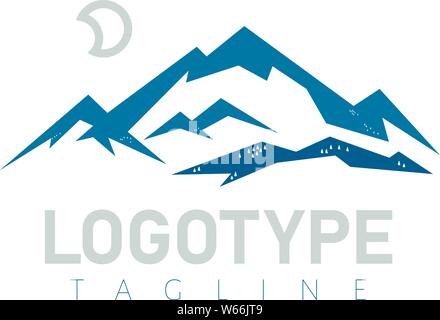 Vector illustration. Mountain icon with moon and trees. Straight style. Stock Vector