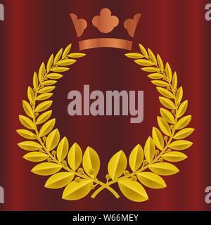 Detailed round golden bayleaf wreath crown award on velvet red curtain background. Royal crown in copper color. Victory, honor, quality vector illustration. Stock Vector