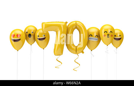 Number 70 yellow birthday emoji faces balloons. 3D Render Stock Photo