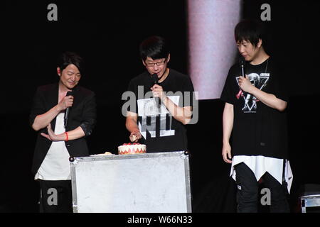 Japanese musician and singer Teruhiko Kobashi, better known by his stage name TERU, of rock band GLAY, and members of Taiwanese rock band Mayday perfo Stock Photo