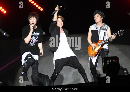 Japanese musician and singer Teruhiko Kobashi, better known by his stage name TERU, of rock band GLAY, and members of Taiwanese rock band Mayday perfo Stock Photo