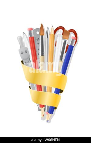 Back to School poster. Realistic stationery isolated on white background. Writing supplies sale concept idea. Vector illustration Stock Vector