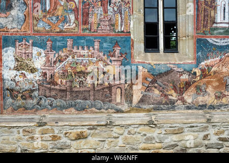 The frescoed Moldovița Monastery (Mânăstirea Moldovița), Bucovina, Romania. Detail showing the Siege of Constantinople by the Ottoman Turks in 1453 Stock Photo