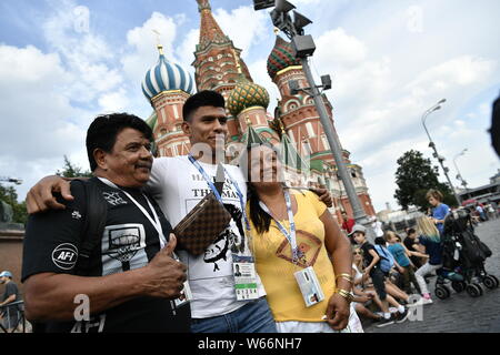 Mexican football player Jesus Gallardo poses for a picture with his family in Red Square during a day off from the FIFA World Cup 2018 in Moscow, Russ Stock Photo