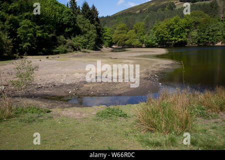 Low water level in Ladybower Reservoir, the largest (holding 6300 million gallons) of three water storage reservoirs in the Derwent Valley, Peak Distr Stock Photo