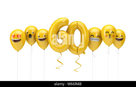 Number 60 yellow birthday emoji faces balloons. 3D Render Stock Photo