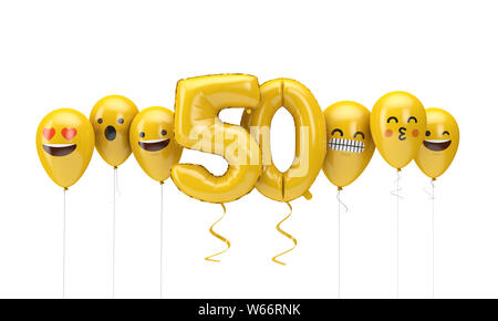 Number 50 yellow birthday emoji faces balloons. 3D Render Stock Photo