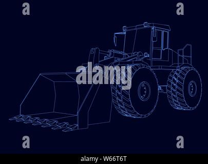 Contour of the bulldozer from the blue lines on a dark background. Vector illustration Stock Vector