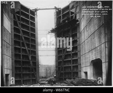 Lake Washington Ship Canal, U.S. Government Locks, Seattle, Washington. Showing downstream side of lower service gate to small lock.; Scope and content:  The US Army Corps of Engineers extensively photographed many of the Civil Works project and river and harbor improvement that they were involved with. The Lake Washington Ship Canal and the Hiram Chittenden Locks were built to allow passage between fresh water Lake Union and salt water Puget Sound. Stock Photo