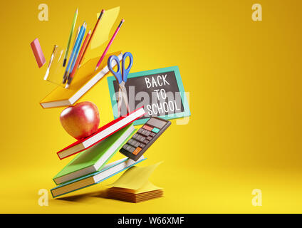 A back to school background with stacked items and student accessories. 3D render illustration. Stock Photo