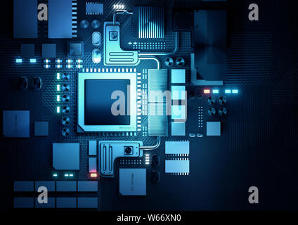 Top down view of a artificial intelligence CPU and microprocessors board. 3D render illustration background. Stock Photo