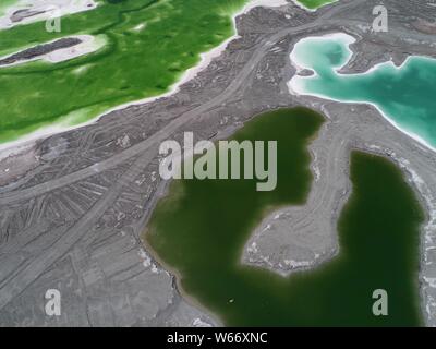 Aerial view of the Da Qaidam salt lake featuring the shape of emeralds in Haixi Mongol and Tibetan Autonomous Prefecture, northwest China's Qinghai pr Stock Photo