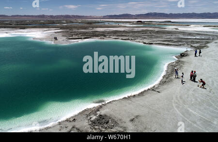 Aerial view of the Da Qaidam salt lake featuring the shape of emeralds in Haixi Mongol and Tibetan Autonomous Prefecture, northwest China's Qinghai pr Stock Photo