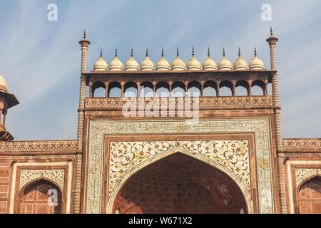 close up ,The main gateway of Taj Mahal is about 93 feet in height. It is a masterpiece of fine inlay work in itself. It has beautifully crafted doors Stock Photo