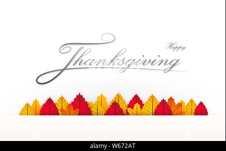 Happy Thanksgiving banner with calligraphy text and Illustrated multicolor leaves Stock Vector