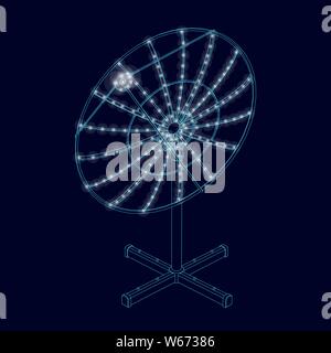 Contour of the satellite dish of blue lines on a dark background. Isometric view. Vector illustration Stock Vector