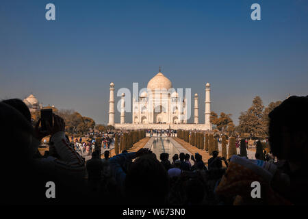 The majestic Taj Mahal from inside the Kau Ban Mosque, a place of assembly for worshipers Stock Photo