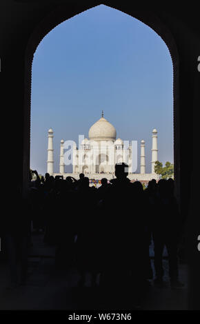 The majestic Taj Mahal from inside the Kau Ban Mosque, a place of assembly for worshipers Stock Photo