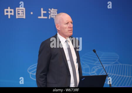 Andreas Weller, president of region Asia Pacific of ZF Friedrichshafen AG, attends a promotional meeting ahead of the 2018 China International Import Stock Photo