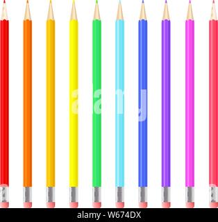 Colorful realistic pencils set. Rainbow colored crayons layed loosely in a line. Graphic design for scrapbooking, flyer, poster. Vector illustration. Stock Vector