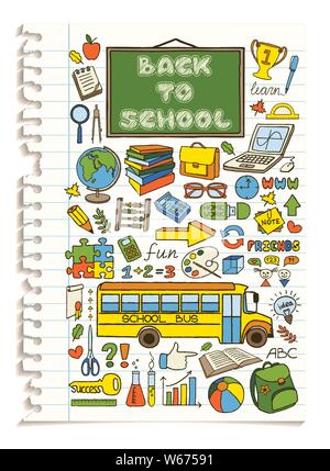 Colorful doodle school icons set. Back to school concept. Vector Illustration. Stock Vector