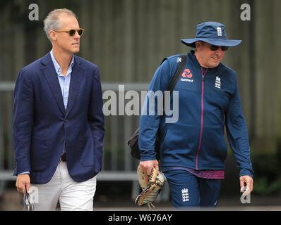 BIRMINGHAM, ENGLAND. 31 JULY 2019: National selector Ed Smith and head coach Trevor Bayliss before the Specsavers Ashes first test match at Edgbaston Cricket Ground, Birmingham. Credit: Cal Sport Media/Alamy Live News Stock Photo