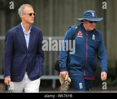 BIRMINGHAM, ENGLAND. 31 JULY 2019: National selector Ed Smith and head coach Trevor Bayliss before the Specsavers Ashes first test match at Edgbaston Cricket Ground, Birmingham. Credit: Cal Sport Media/Alamy Live News Stock Photo