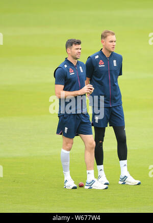 BIRMINGHAM, ENGLAND. 31 JULY 2019: James Anderson and Stuart Broad during bowling practice before the Specsavers Ashes first test match at Edgbaston Cricket Ground, Birmingham. Credit: Cal Sport Media/Alamy Live News Stock Photo