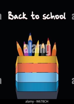 Striped Multicolor Pencil Holder With Color Pencils Over Black Background With Back To School Decorative Text Stock Vector