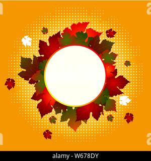 White Copy Space Circular Border Decorated With Red and Green Autumn Leafs Over Dark Yellow Background Stock Vector