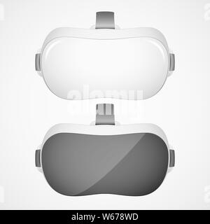 Two VR virtual reality headsets in black and white olor. Realistic virtual reality headset glasses. Innovation device Stock Vector