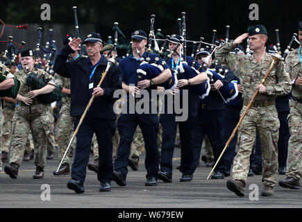 Performers during a rehearsal of the Royal Edinburgh Military Tattoo of 2019 at Redford Barracks in Edinburgh. The theme this year is Kaleidoscope and almost 1,200 cast members from all over the world are taking part. Stock Photo
