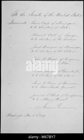 Message of President James Buchanan nominating his cabinet, including Lewis Cass as Secretary of State, Howell Cobb as Secretary of the Treasury, Jacob Thompson as Secretary of the Interior, John B. Floyd as Secretary of War, Isaac Toucey as Secretary of the Navy, Aaron V. Brown as Postmaster General, and General Jeremiah S. Black as Attorney General, 03/06/1857 Stock Photo