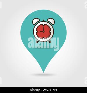 Pin map pointer with alarm clock meal time icon vector gps locator flat sign symbols pictogram logo line illustration design black color. Stock Vector