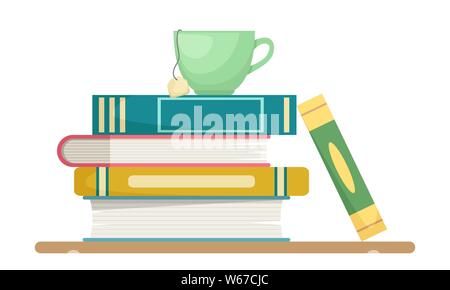 Stack of books with a tea cup. Knowledge, learning and education concept design. Isolated flat design style. Vector illustration. Stock Vector