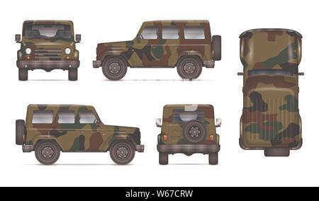 Army truck isolated vector mockup on white background. Military car with view from left, right, front, back, and top sides, easy editing and recolor Stock Vector