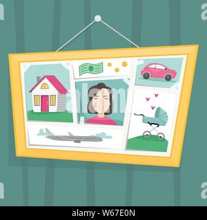 Vision board with pictures depicting dreams and desires. Marathon desires. Flat vector illustration in cartoon style. Stock Vector
