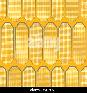Hand drawn polygon shapes with varied white waffle texture. Seamless geometric vector pattern on saffron yellow background. Great for wellness Stock Vector