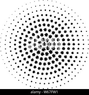 Pixelated black leaf. Black radial halftone pattern with maple leaves. Stock Vector
