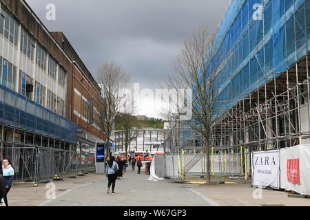 Scaffolding pictured on the outside of a city centre building in Swansea, UK. Stock Photo