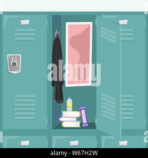 School locker with books and things. School corridor. Flat vector illustration. Cartoon concept. Stock Vector