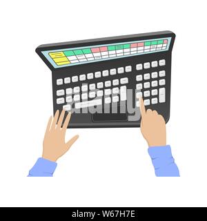 Man working on a laptop. Office work. Work in a computer program. Flat vector cartoon illustration. Stock Vector