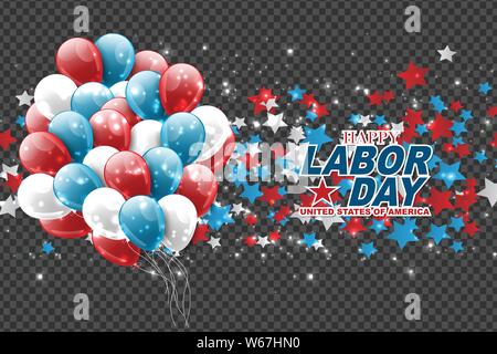 Labor back background design for advertisement or promotion. A bunch of balloons and stars over a transparent background. Blue, red, and white colors Stock Vector