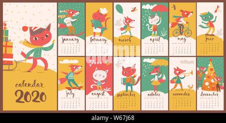 Kids style cartoon vector 2020 calendar with funny foxes and cats. Best decoration for children room. Different life situations. Stock Vector