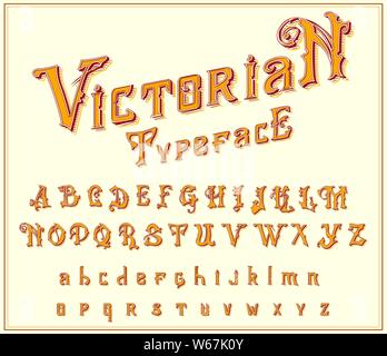 Victorian Font in ancient style. Antique old alphabet for Whiskey label. Vintage typeface in gold colors, editable and layered. Hand drawn Vector Stock Vector