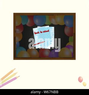Back To School Copy Space Background With Pencils balloons Blackboard and Paper Sheets With Decorative Text Stock Vector