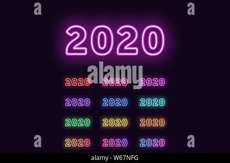 Neon digit 2020, Year number. Set of glowing date 2020 in Neon outline style with transparent backlight. Vector kit, red pink purple violet blue azure Stock Vector