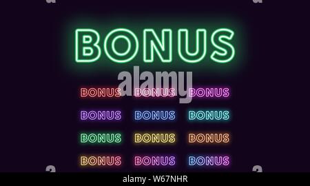 Neon text Bonus, expressive Title. Set of glowing Bonus word in Neon outline style with transparent backlight. Vector kit, red pink purple violet blue Stock Vector